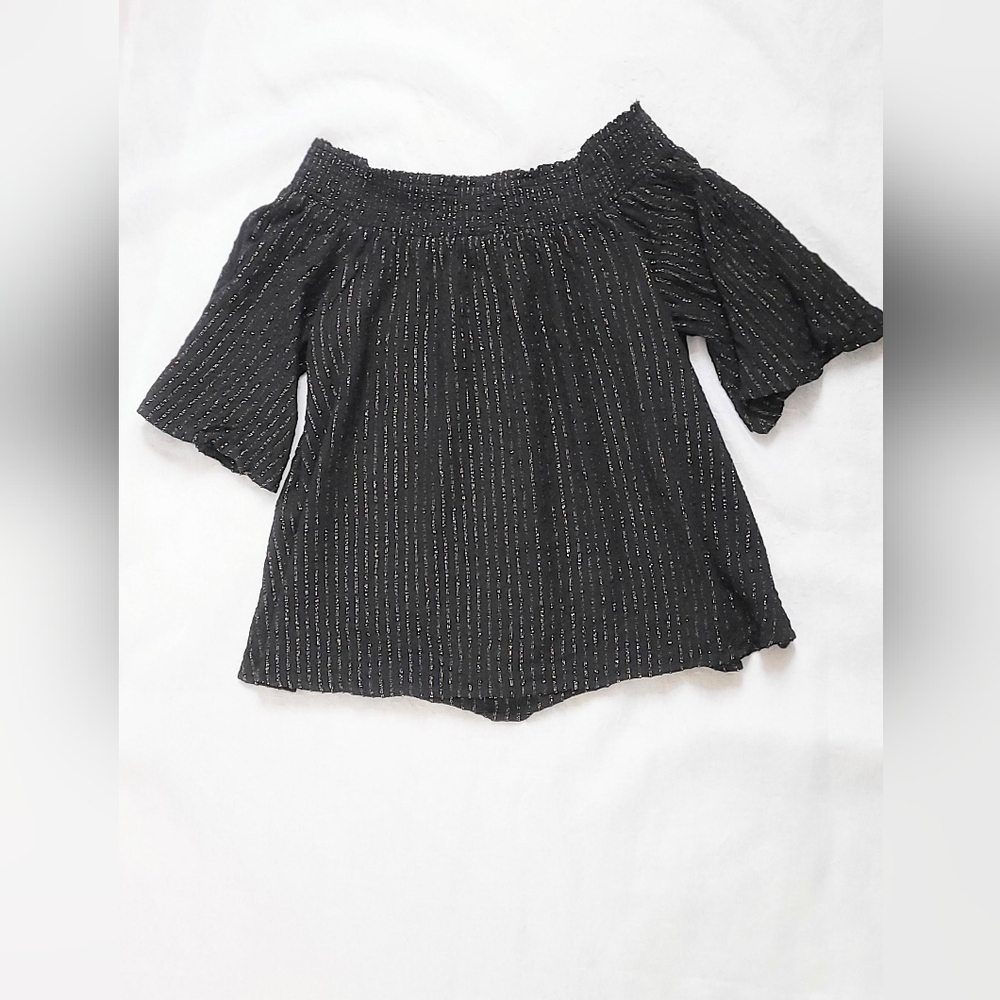NWOT!Off The Shoulder Button Front Metallic Striped Women's Boho Chic  Top Small - Picture 3 of 9